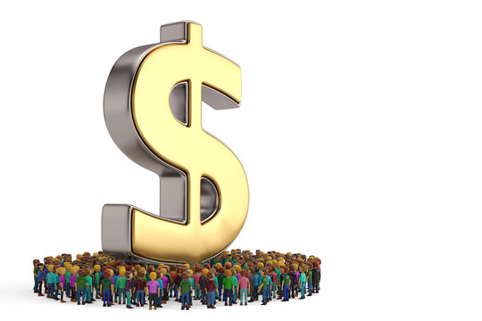 People shape as a circle around dollar sign on white background. 3D illustration.