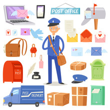 Postoffice Vector Postman Delivers Mails In Postbox Or Mailbox And Post Character Carries Mailed Letters In Letterbox Illustration Set Postal Delivery Service Isolated On White Background