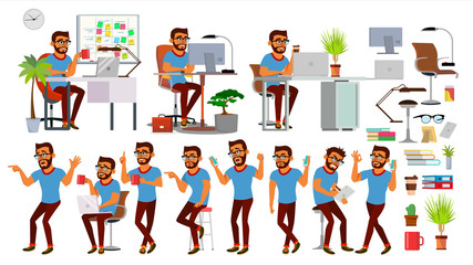 Business Man Character Vector. Working Hindu People Set. Office, Creative Studio. Bearded. Business Situation. Software Development. Programmer. Poses, Emotions. Cartoon Character Illustration