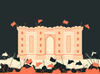 Bastille fortress. The battle for the castle. Medieval battlefield. Flags, swords, spears and arrows. Vector illustration