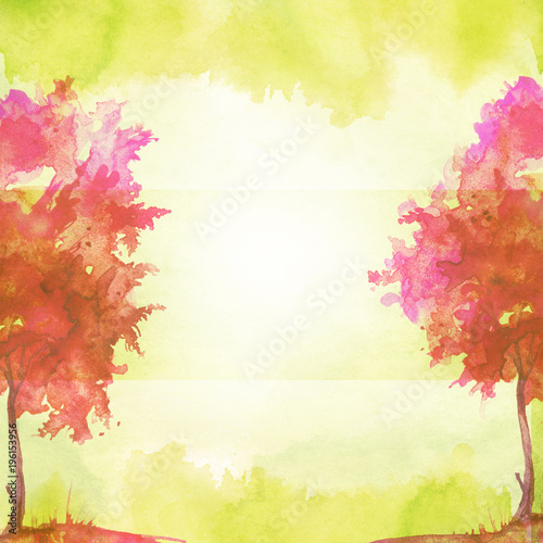Watercolor Banner Logo Postcard Red Silhouette Of The Forest