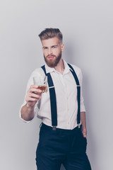 Wall Mural - Vertical portrait of stylish virile masculine sexy flirty brutal groomed attractive handsome focused confident cool classy posh strict restrained guy keeping hand in pocket isolated on gray background