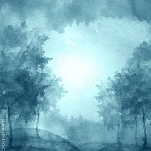Nowoczesny obraz na płótnie Niebieski ciemny las - akwarela