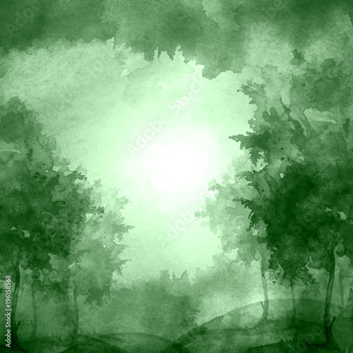 Watercolor Banner Logo Postcard Green Silhouette Of The Forest
