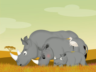 Poster - family of rhino in the savannah