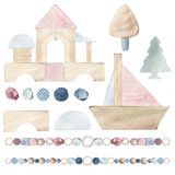 Watercolor childhood clipart. Wooden toys.