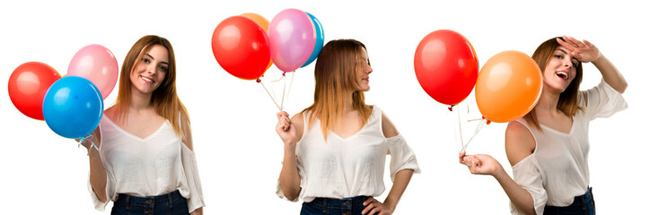 Canvas Print - Set of Beautiful young girl holding a balloon and looking lateral and front