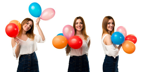 Canvas Print - Set of Happy beautiful young girl holding a balloon