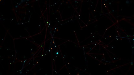 Poster - 3d render of random dots pattern connected with lines. Technology background. Chaotic movement of elements to the camera. Loopable sequence.