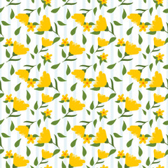 Wall Mural - Yellow flowers and green leaves seamless pattern