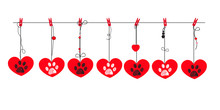 Red Hearts With White And Black Paw Prints. Happy Valentine's Day Greeting Card