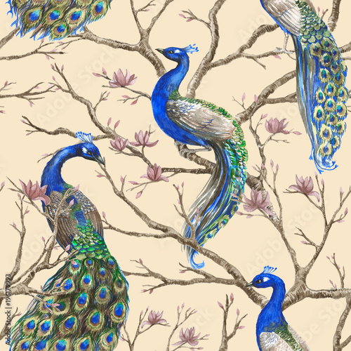 Stoffe zum Nähen Hand gezeichnet Aquarell Musterdesign mit wilde Pfauen und Magnolia Blumen Zweigen. Chinoserie Stil.