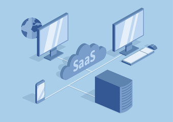 Concept of SaaS, software as a service. Cloud software on computers, mobile devices, codes, app server and database. Vector isometric illustration, isolated on blue background.