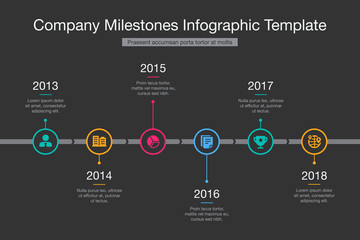 Wall Mural - Vector infographic for company milestones timeline template with colorful circles isolated on dark background. Easy to use for your website or presentation.