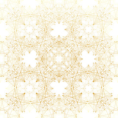 Poster - Geometric abstract background. Connected line and dots. Linear golden grid with circles in nodes. Reticulated gold monochrome texture, illustration