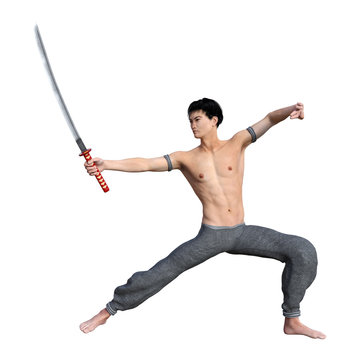 3D Rendering Fighting Monk on White