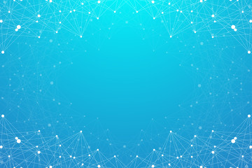 Poster - Graphic abstract background communication. Geometric scientific pattern with compounds. Minimal array lines and dots. Lines plexus. Digital data visualization. Scientific illustration.