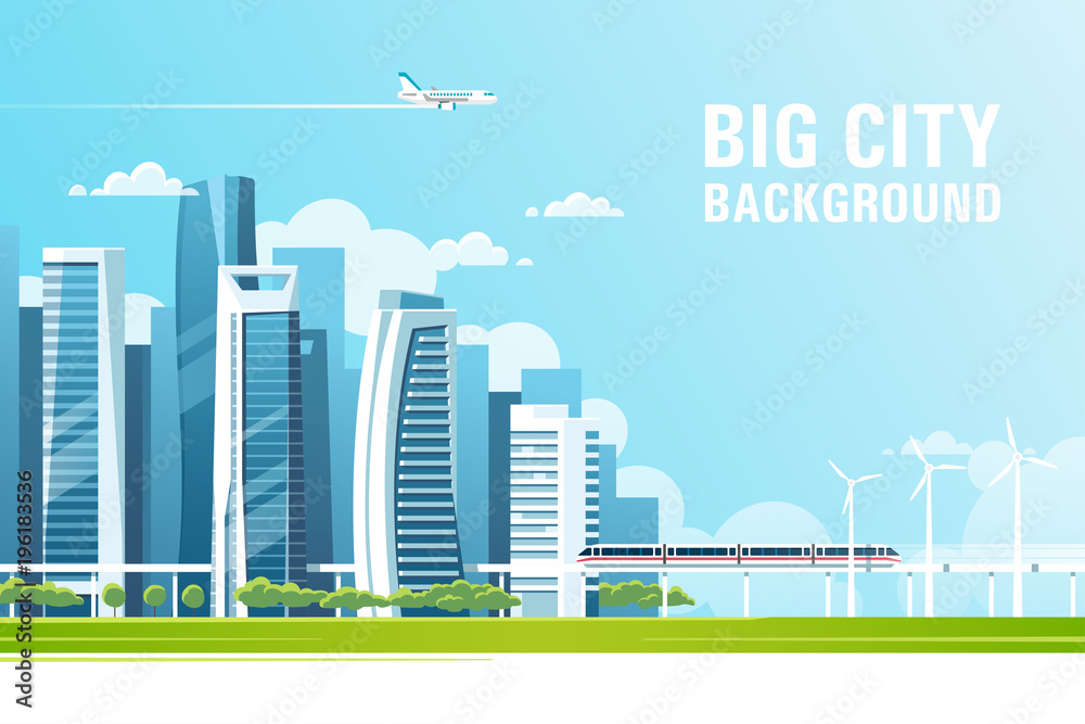 Urban landscape with modern skyscrapers and subway. Vector illustration ...