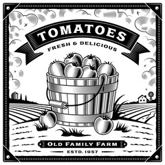 Wall Mural - Retro tomato harvest label with landscape black and white. Editable vector illustration with clipping mask.