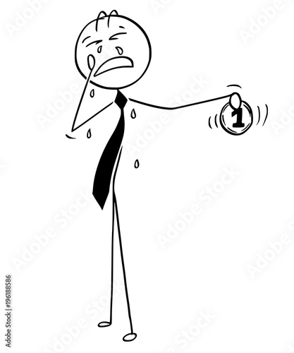 Fotomural Cartoon stick man drawing conceptual illustration of greed businessman crying for coin