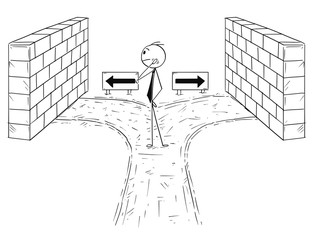 Wall Mural - Cartoon stick man drawing conceptual illustration of businessman on dead end with no right option to choose from. Business concept of career and decision.