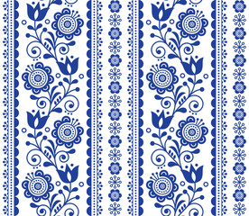 Poster - Scandinavian seamless vector pattern with flowers, Nordic folk art repetitive navy blue ornament 
