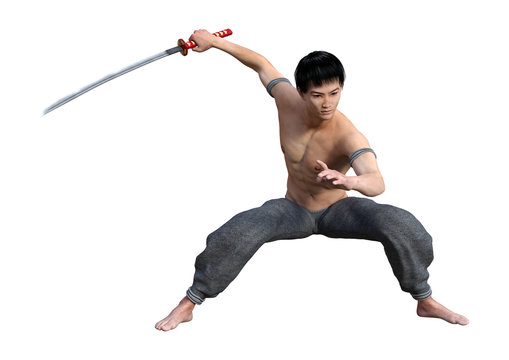 3D Rendering Fighting Monk on White