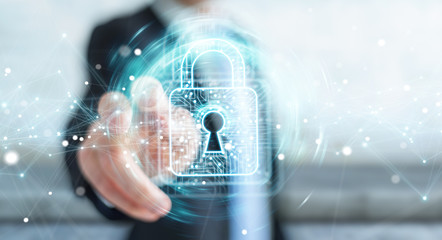 Poster - Businessman using digital padlock with data protection 3D rendering