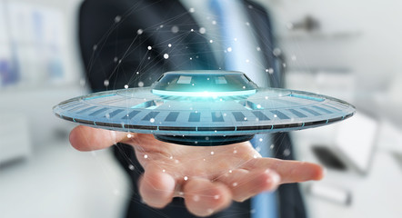 Poster - Businessman with retro UFO spaceship 3D rendering