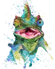 Chameleon Lizard Hand Drawn Watercolor Illustration