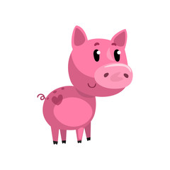 Poster - Pink funny cartoon baby piglet, cute little piggy character vector Illustration on a white background