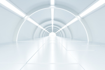 Abstract illuminated empty white corridor interior