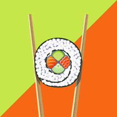 Sushi roll with chopsticks on the bright background