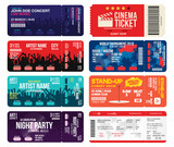 Fototapeta  - Concert, cinema, airline and football ticket templates. Collection of tickets mock up for entrance to different events. Creative tickets isolated on white background