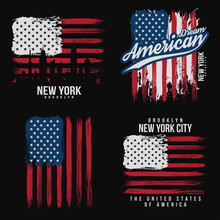 T-shirt Graphic Design With American Flag And Grunge Texture. New York Typography Shirt Design. Set Of Modern Poster And T-shirt Graphic Design