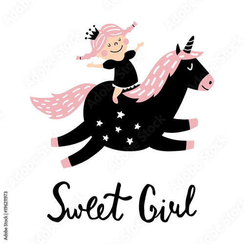 ilustracja-do-pokoju-dziewczynki-z-jednorozcem-i-napisem-sweet-girl-slodka-dziewczynka