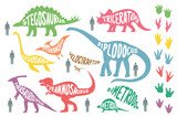 Fototapeta Dinusie - Set of colorful dinosaurs with lettering and footprints, isolated on wite background. Size of dinosaurs vs man size.
