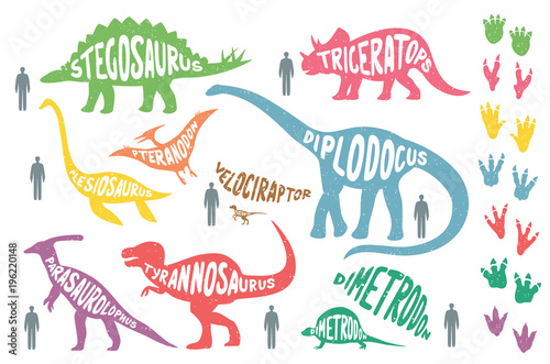 Photo Set of colorful dinosaurs with lettering and footprints, isolated on wite background