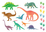 Fototapeta Dinusie - Set of colorful dinosaurs and footprints, isolated on wite background.