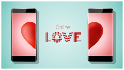 Online dating concept Love has no boundaries with two smartphones matching red heart on screen , vector , illustration