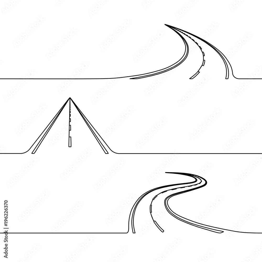 Continuous line drawing of the road, single line concept of the roadway with turns, twist or perspectives, simple highway design element or icon