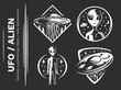 UFO / Aliens emblem, vector illustration, print, sticker set on a black background