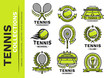 Tennis emblem, illustration, logotype collection, modern line style, green color, on a white background.