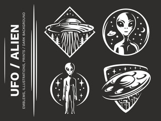Wall Mural - ufo / aliens emblem, vector illustration, print, sticker set on a black background