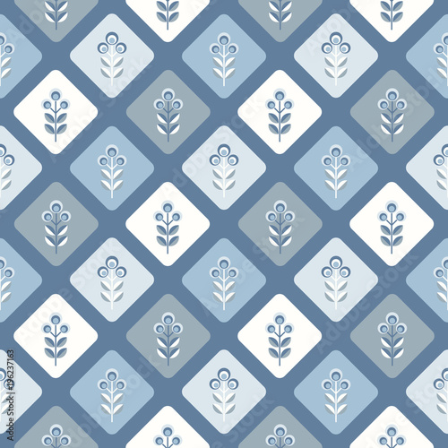 Fototapeta na wymiar Scandinavian floral background, mid century wallpaper, seamless abstract pattern, Blue, silver grey and white colors . 