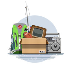 Illustration Of A Cardboard Box With Old Things In A Flat Style. Box With Old Stuff Vector. Tourist Backpack, Fishing Rod, Tape Recorder, TV, Rugby Ball. Vector Illustration Eps10 File