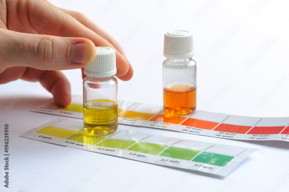 Water Testing Color Chart Water quality testing. Man determining water characteristics by ...