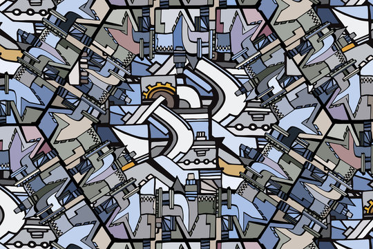 Abstract technical pattern with sketch elements. Vector background with decorative industrial or machine parts. Hand drawn.