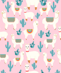 Vector Illustration of seamless pattern with cute cartoon llama alpaca with cactus and design elements on pink background in flat cartoon style.