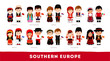 Europeans in national clothes. Southern Europe. Set of cartoon characters in traditional costume. Cute people. Vector flat illustrations.